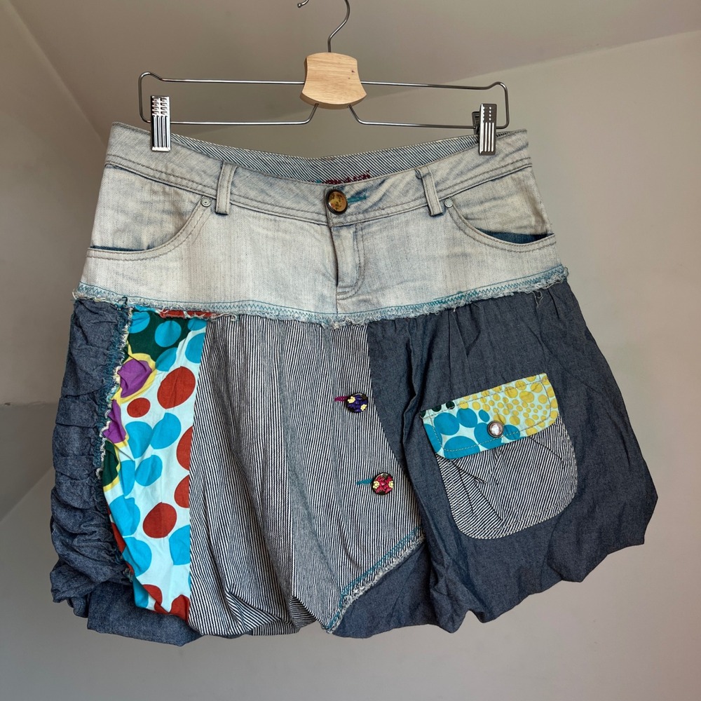 Desigual Patchwork Denim Bubble Hem Skirt 38 Blue Mixed Media Vintage Y2K Mini